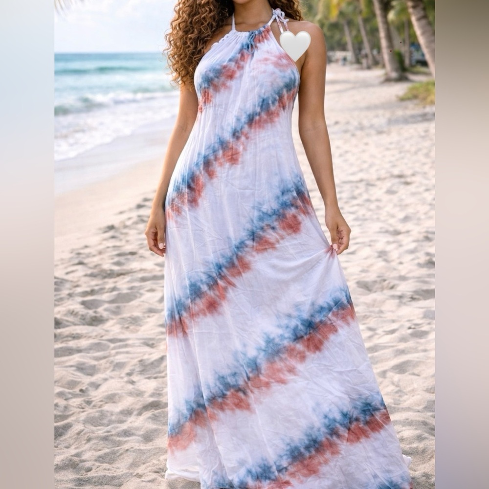 Young Fabulous & Broke White Maxi Dress with Blue & Rust Tie-Dye